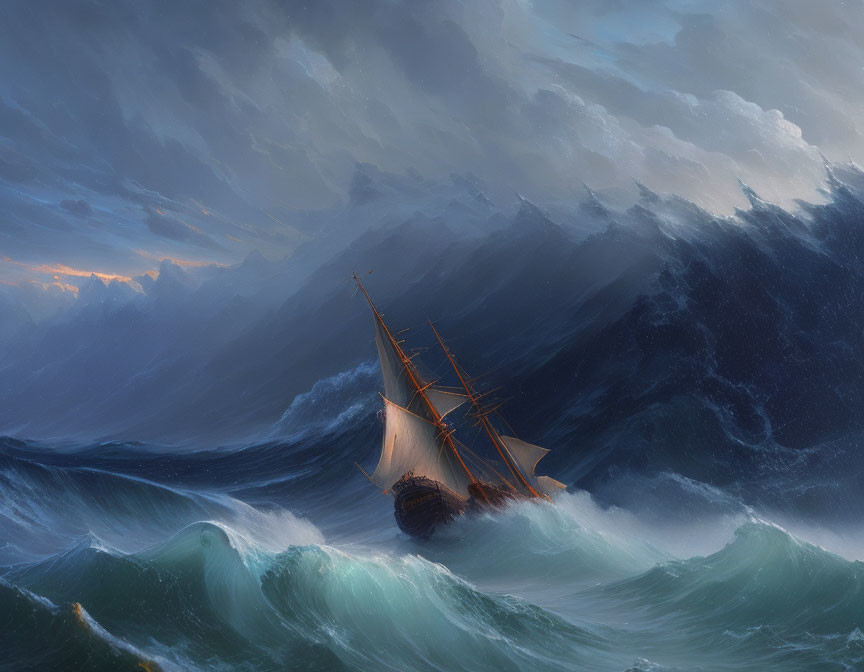 Sailing ship in stormy ocean waves under dramatic sky