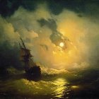 Sailing ship painting: Sunset seascape with golden glow and dark clouds