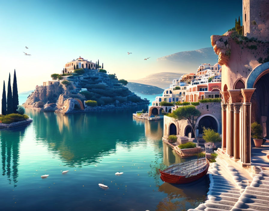 Tranquil Mediterranean scene with boat, calm waters, colorful buildings, greenery, blue sky