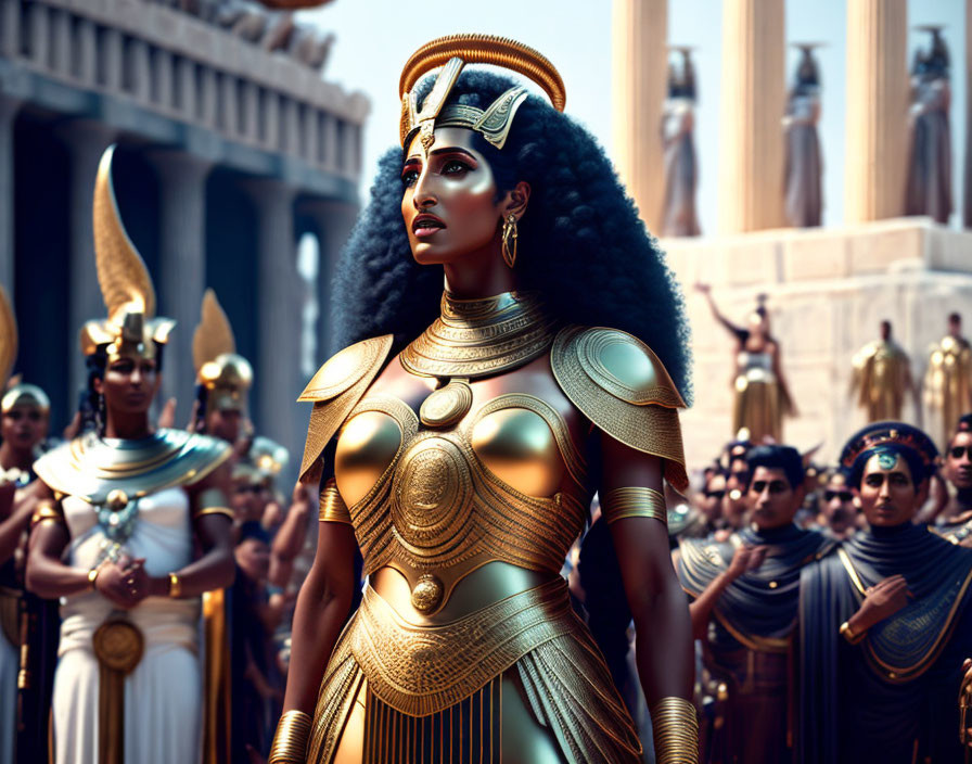 Golden Egyptian armored woman and guards in ancient temple setting