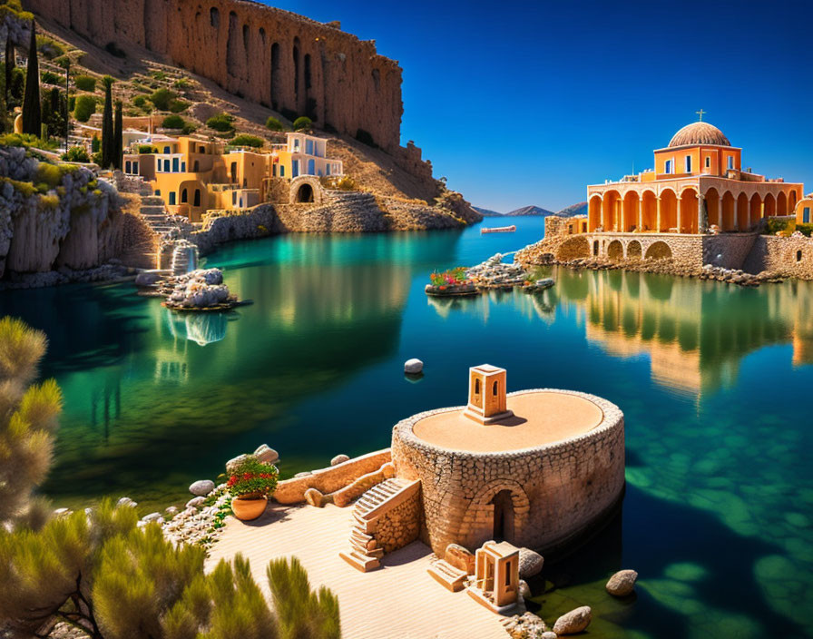 Scenic Coastal View with Orange-Domed Church and Mediterranean Buildings