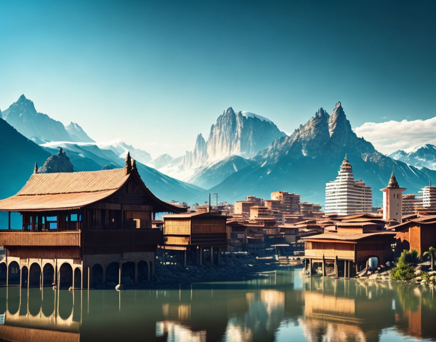 Ancient Chinese village with pagoda-style architecture by serene lakeside