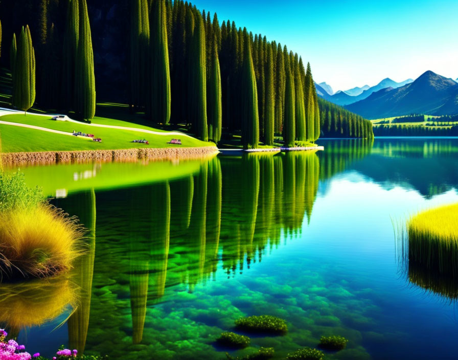 Tranquil lake mirroring lush green trees, colorful flowers, and majestic mountains under a clear blue