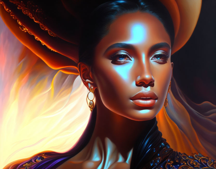 Digital portrait of woman with fiery mane, ornate golden headdress & dramatic lighting.