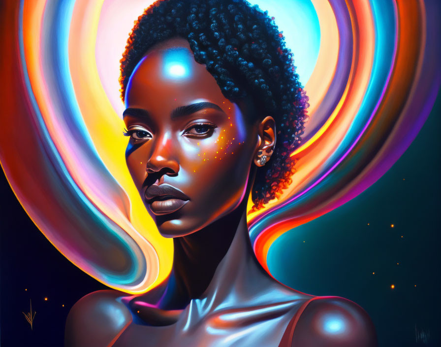 Dark-skinned woman with curly hair in cosmic portrait.