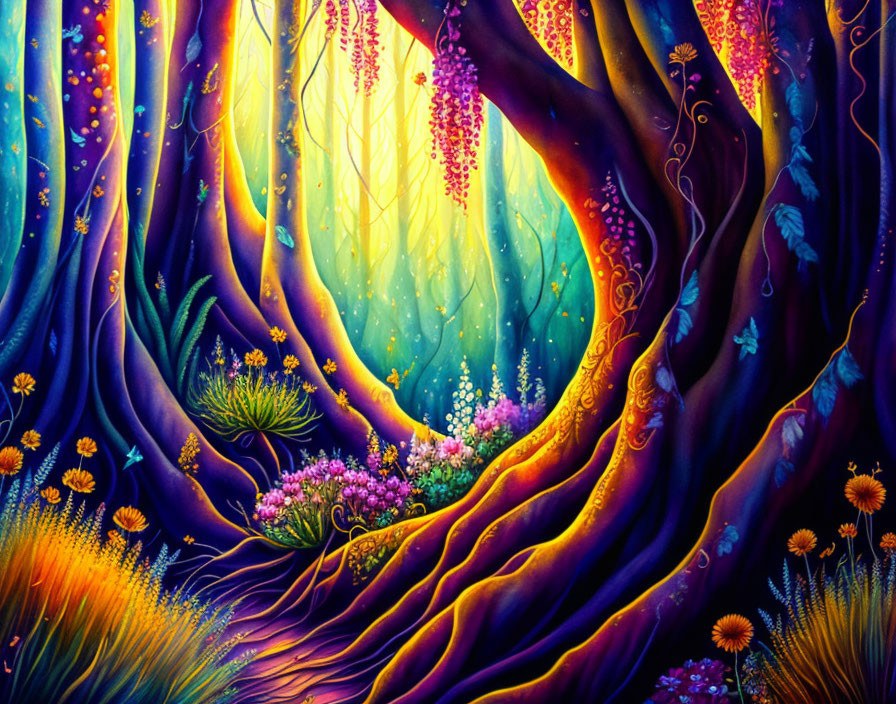 Colorful painting of mystical forest with twisted trees and glowing flowers