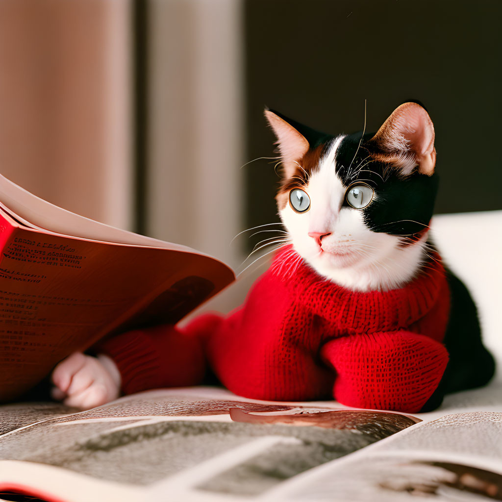 Black and White Cat in Red Sweater with Open Book