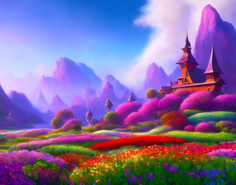 Colorful landscape with whimsical castle and rolling hills in misty mountains