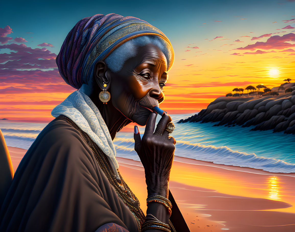 Elderly woman in headscarf smiling at beach sunset