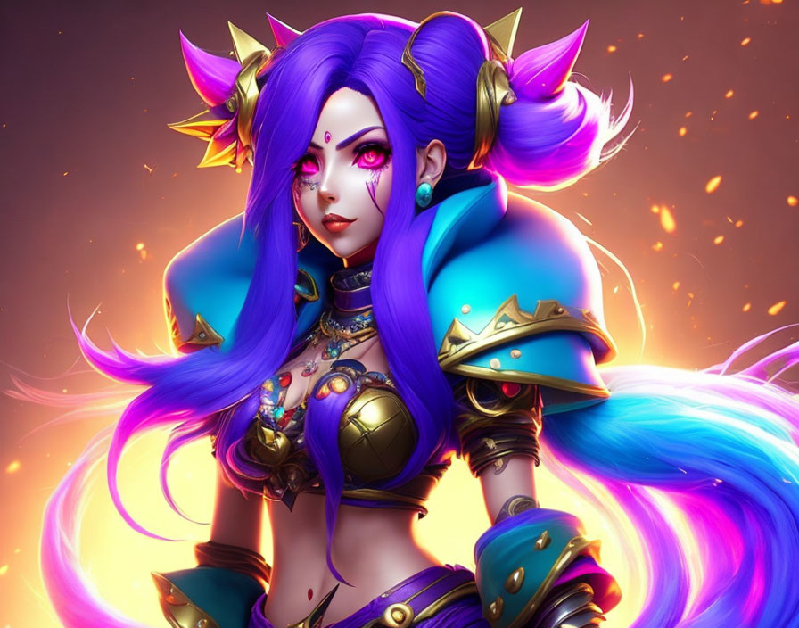 Digital artwork: Female character with blue hair, purple eyes, fantasy armor, ember background