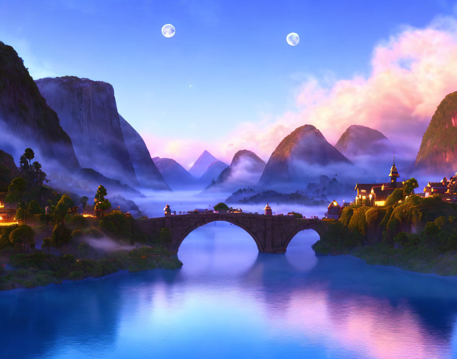 Fantasy landscape with bridge, river, traditional buildings, misty mountains, twilight sky, two moons