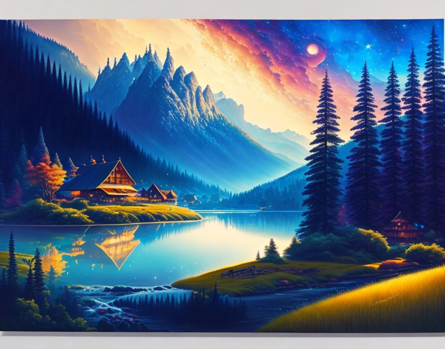 Digital artwork of tranquil lake scene at sunset with cabin, mountains, pines, surreal sky