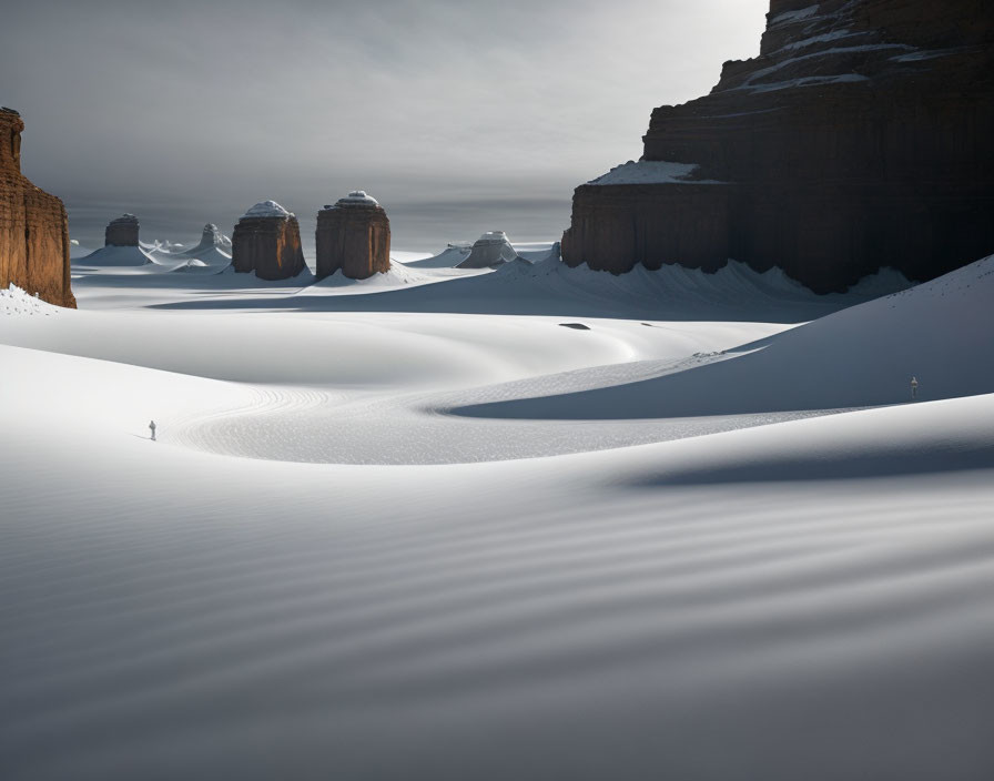 Figure in snowy landscape with rock formations under cloudy sky