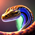 Colorful Snake Coiled on Branch with Blue and Yellow Patterns