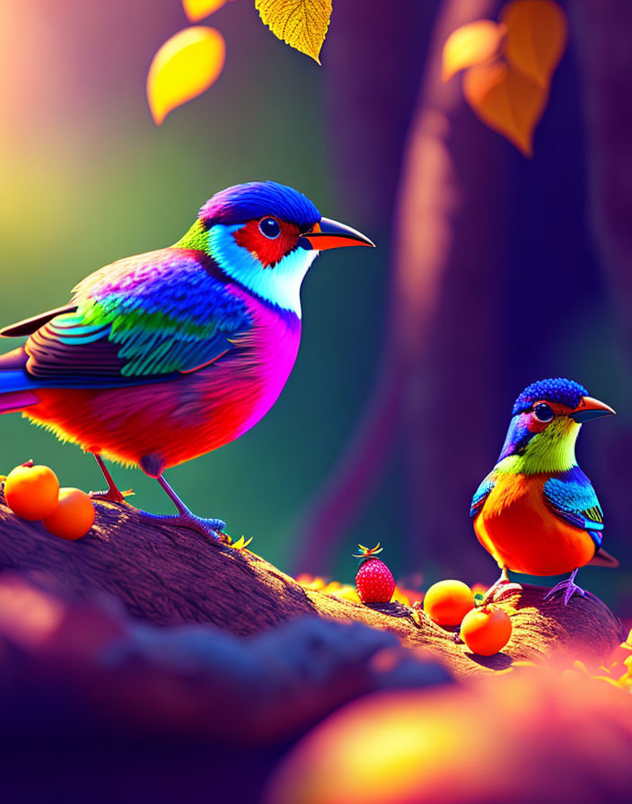 Colorful Birds Perched on Branch with Berries in Warm Light