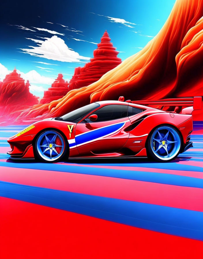 Colorful Sports Car Illustration on Vibrant Track with Red Rock Background