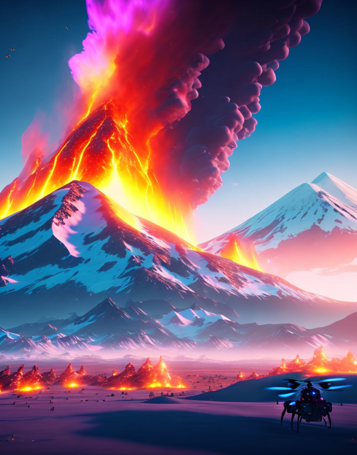 Volcanic eruption with lava flow near serene mountain at twilight