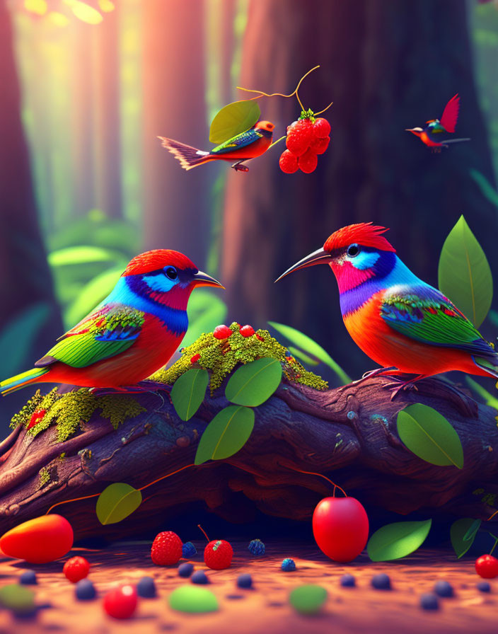 Colorful Birds and Moss-Covered Log in Forest with Berries