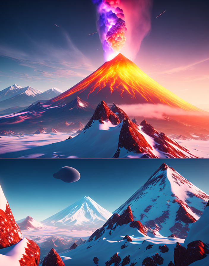 Digital artwork: Contrasting volcanic eruption and snowy mountains