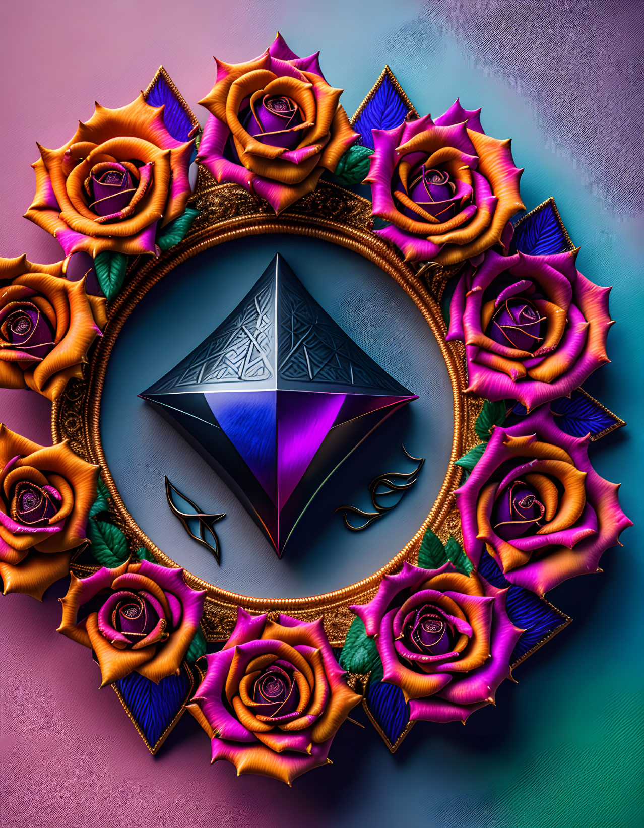 Colorful digital artwork: central violet gemstone in golden frame with roses.