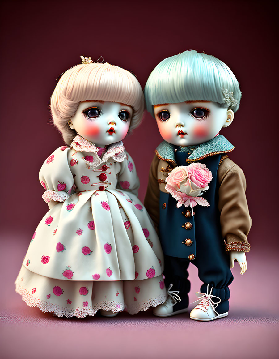 Vintage-style porcelain dolls: boy and girl in pink and brown outfits on pink backdrop