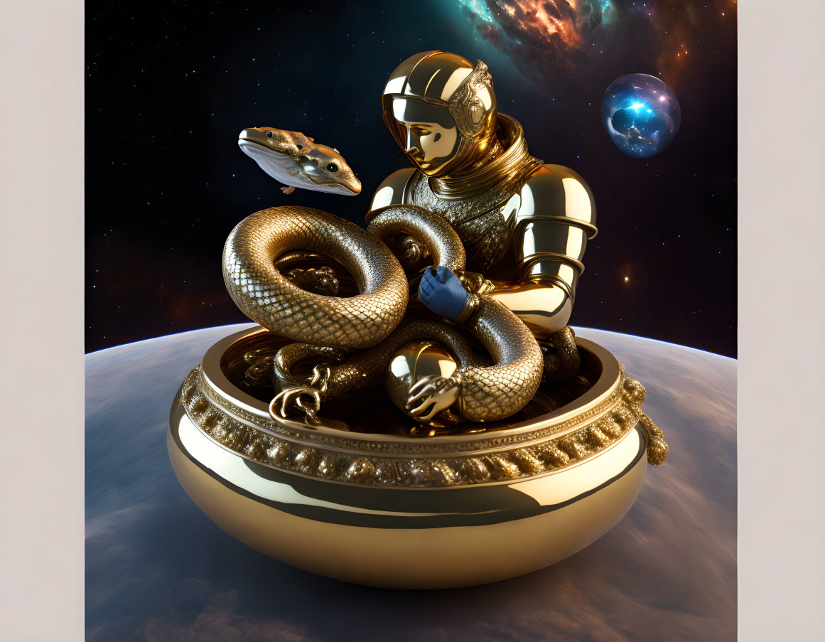 Astronaut with golden snake on decorative structure in surreal space scene