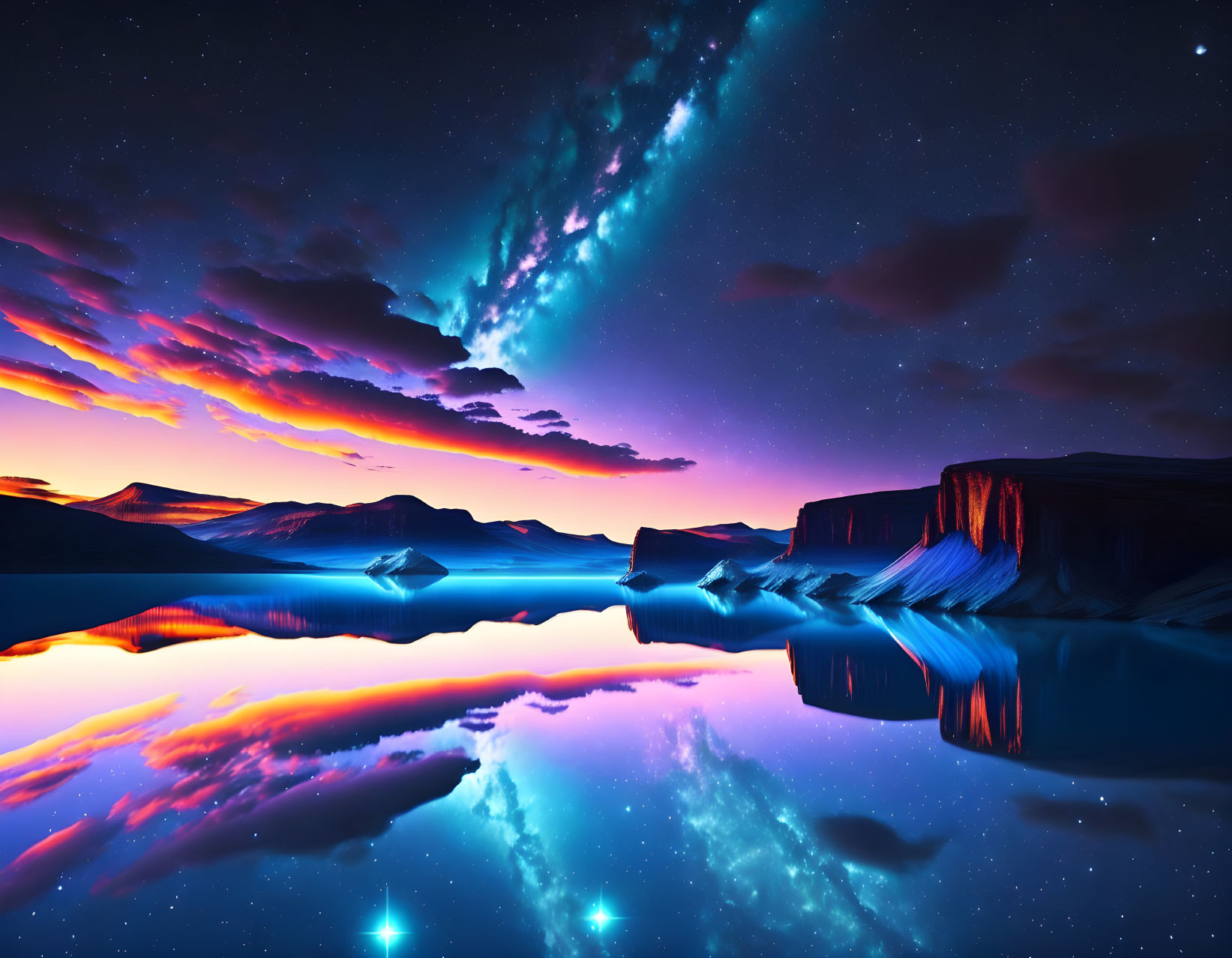 Digital Artwork: Tranquil Night Scene with Northern Lights and Mirror-Like Lake