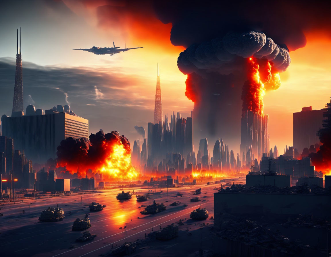 Dystopian cityscape with explosions and fiery sky