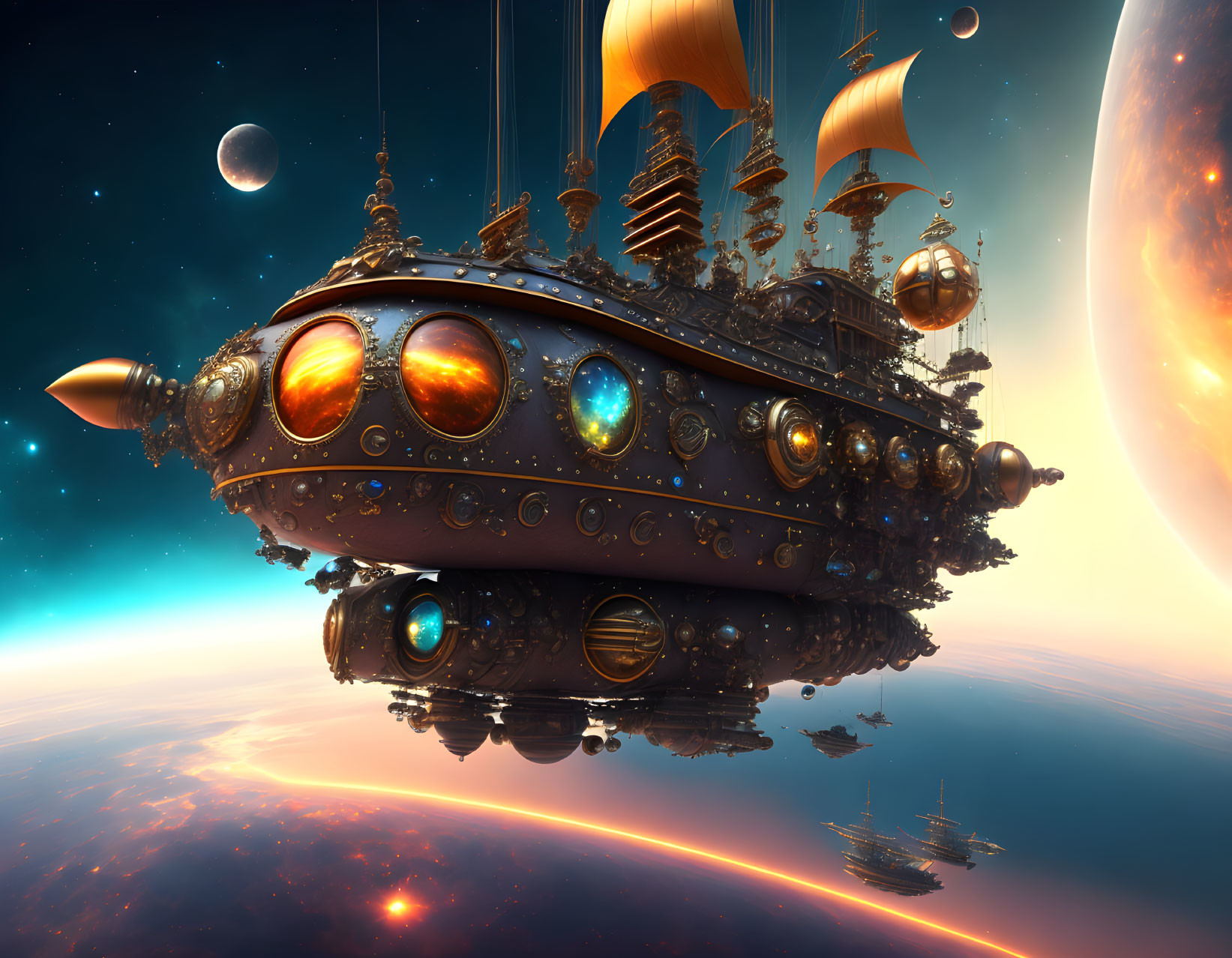 Steampunk airship sailing over fiery planet and celestial bodies