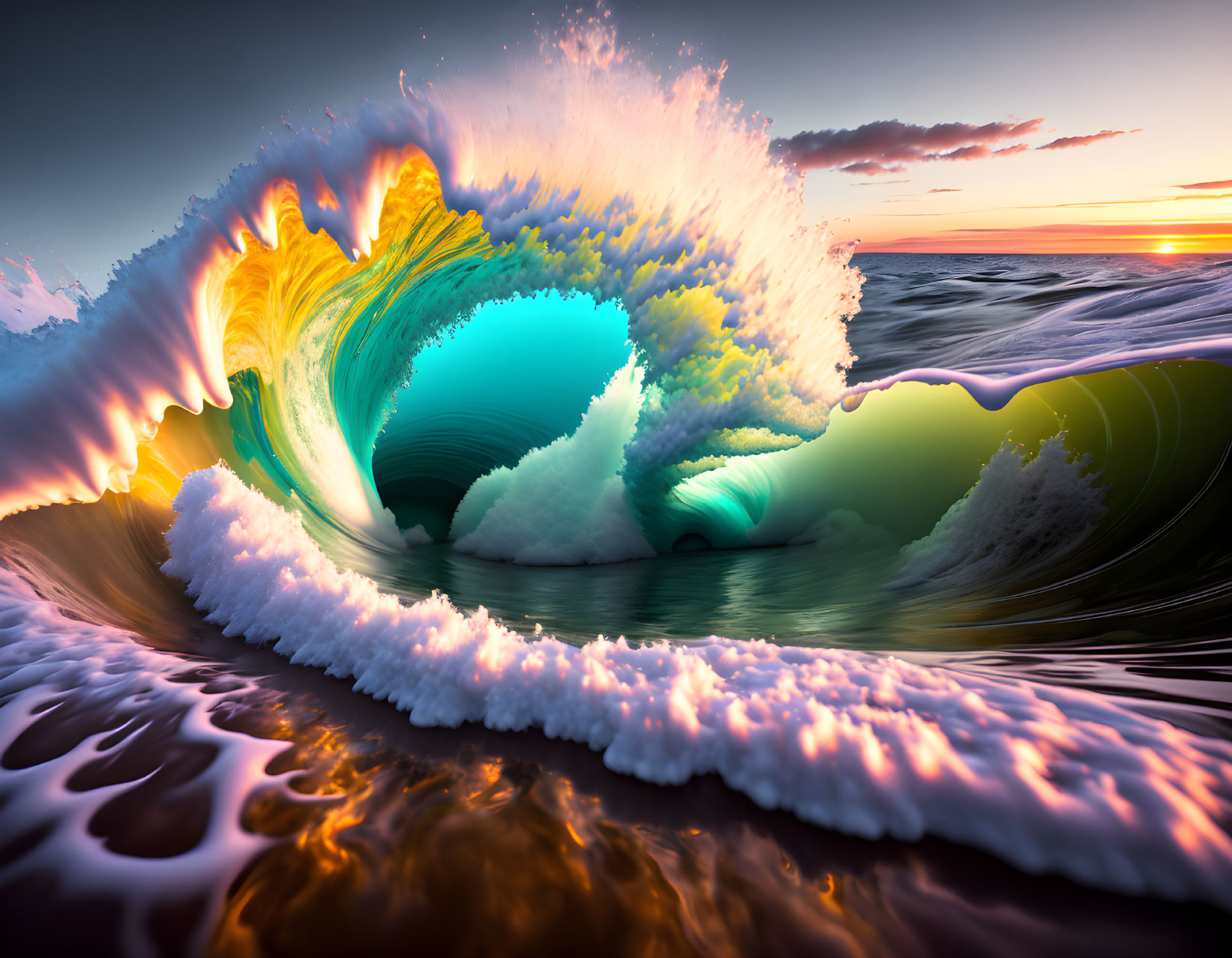 Dramatic sunset ocean wave with vibrant colors