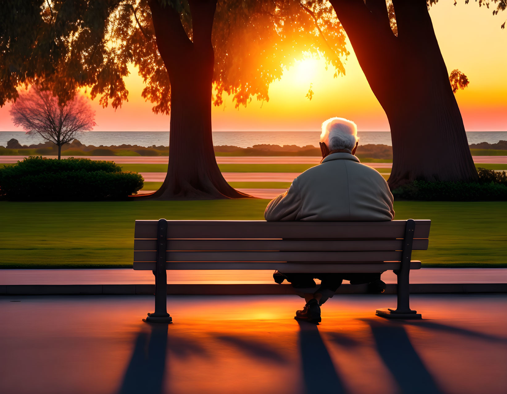 Elderly person sitting on park bench under vibrant sunset