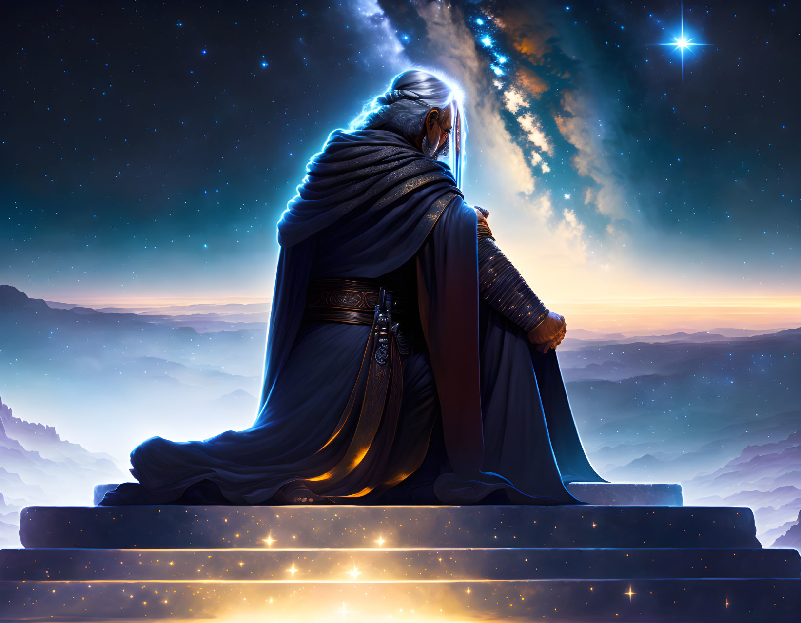 White-haired cloaked figure admires starry sky over mountains at dawn