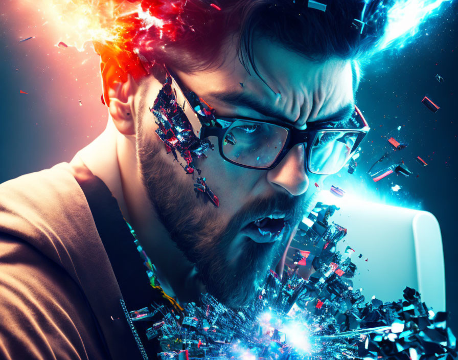 Man with glasses undergoes digital face disintegration under blue and pink lighting