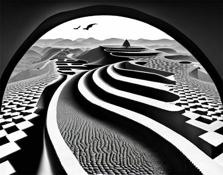 Surreal black and white landscape with rolling hills and birds under archway