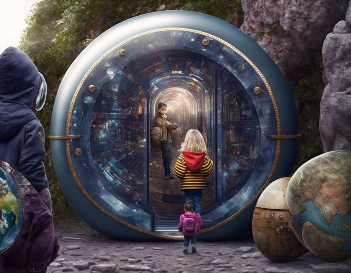 Children in spherical structure with corridor, rocky landscape, antique globes