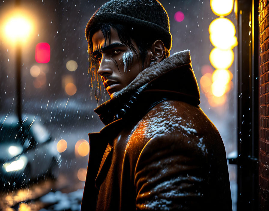 Young man in snow-dusted coat and beanie stands in city night scene