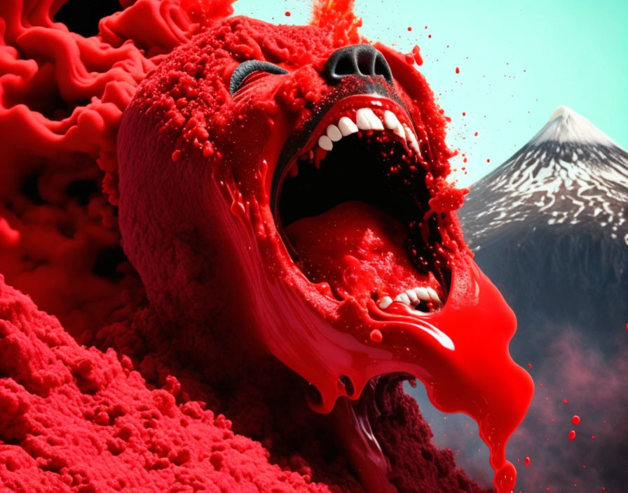 Surreal red liquid explosion with human features against mountain backdrop