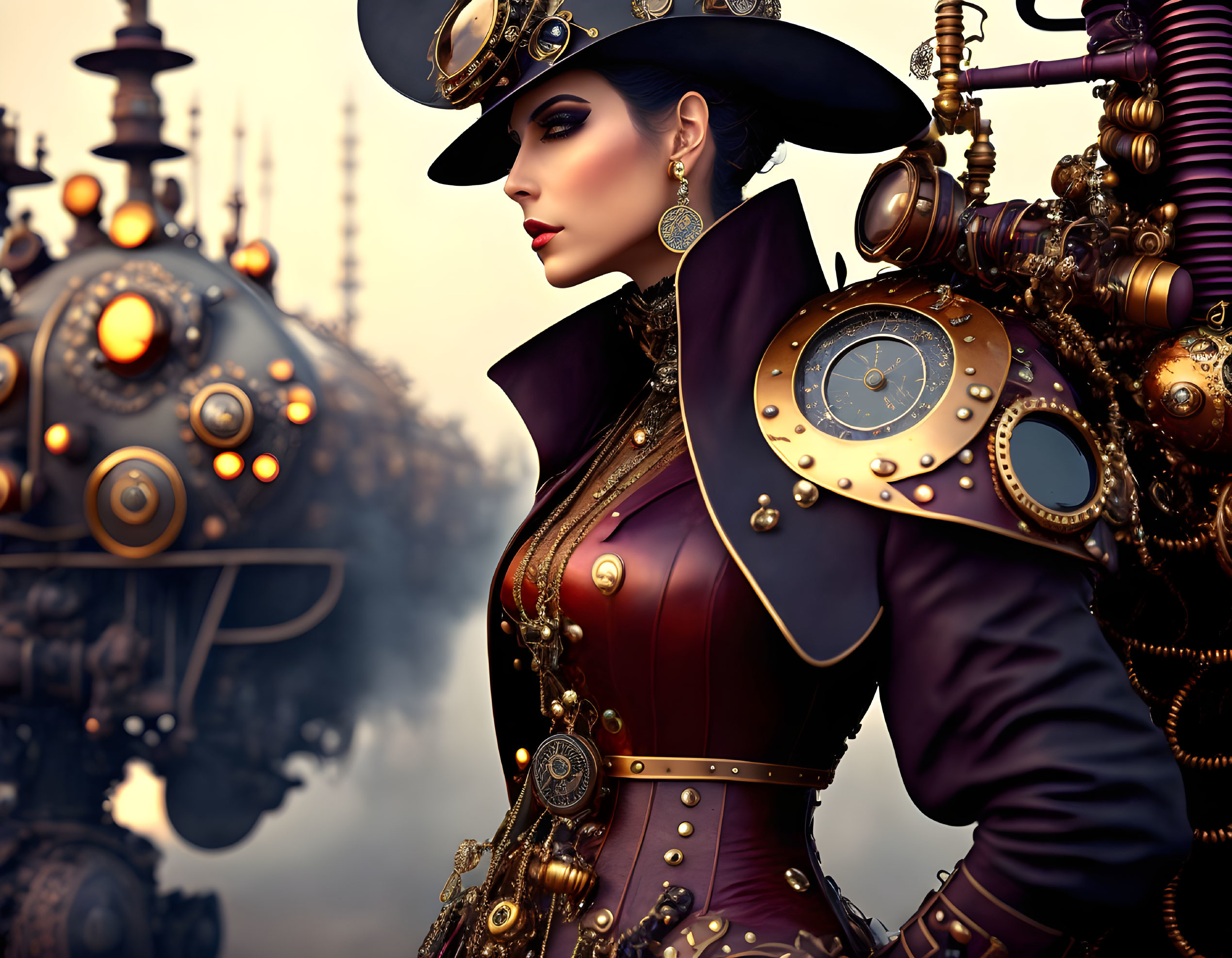 Elaborate Steampunk Outfit with Mechanical Backdrop