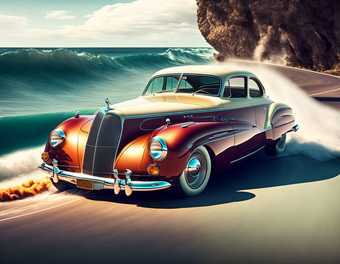 Vintage car with two-tone paint driving by coastal cliffs and crashing waves