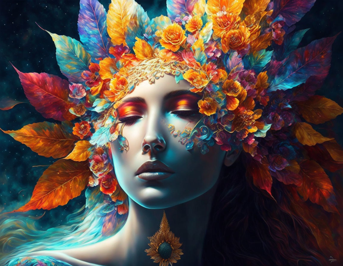 Colorful Floral Headpiece Adorns Woman's Face in Digital Art