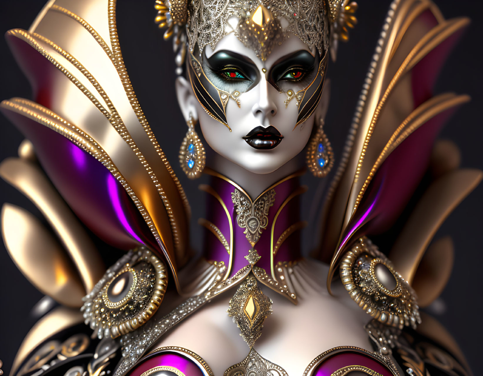 Intricate golden and purple attire with ornate mask and green eyes.