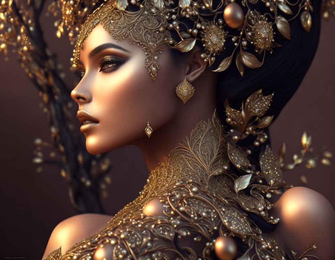 Detailed 3D rendering of woman in golden jewelry and headpieces