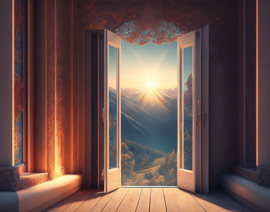 French Doors Frame Scenic Sunrise Over Mountain Landscape