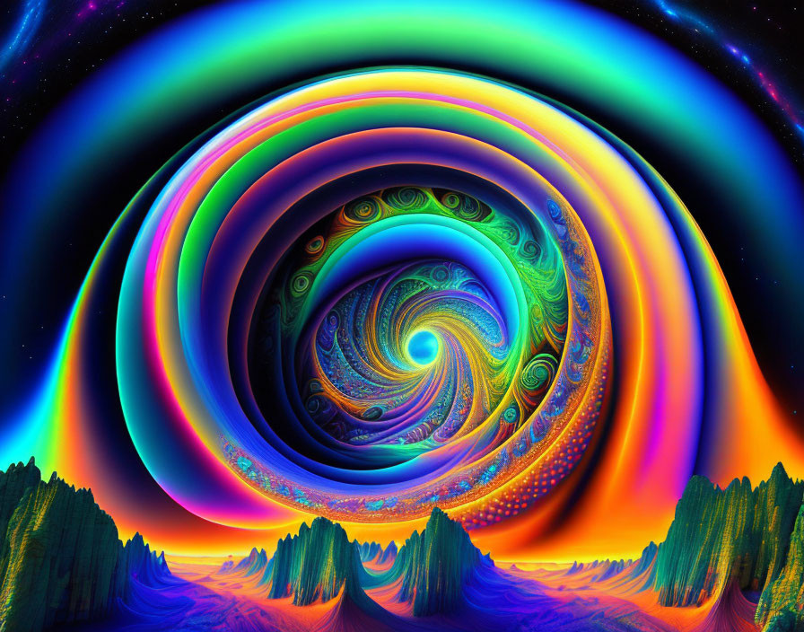 Colorful digital artwork: Psychedelic vortex over alien landscape