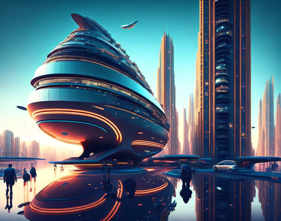 Sleek tall buildings and spiral structure in futuristic cityscape