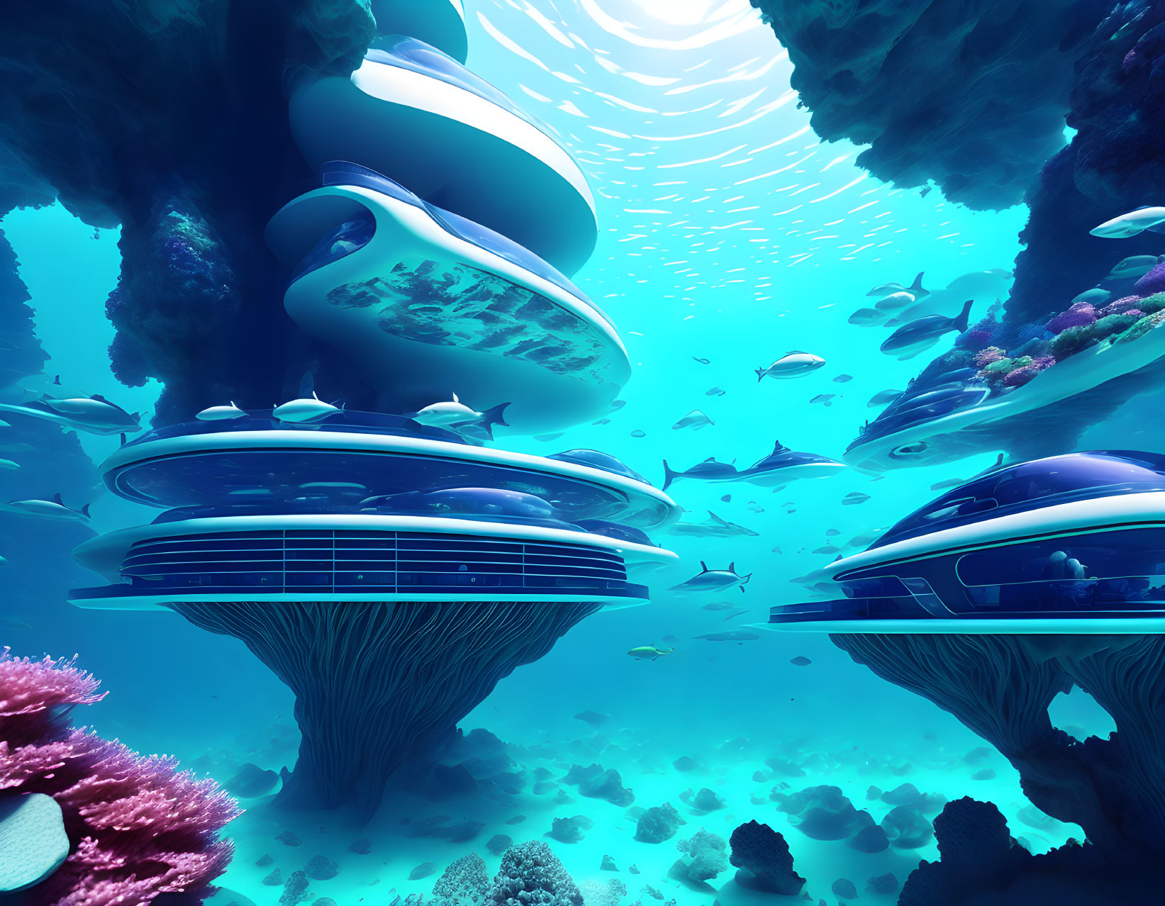 Futuristic Underwater City with Domed Structures and Coral Fish