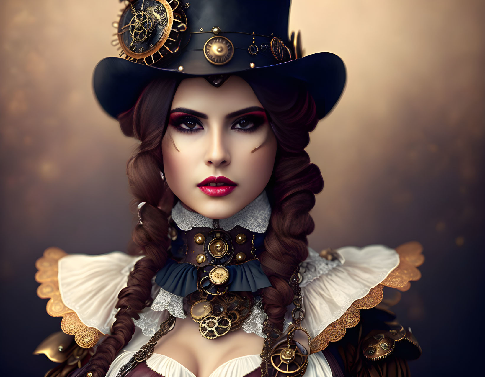 Steampunk-inspired digital artwork of woman in elaborate outfit