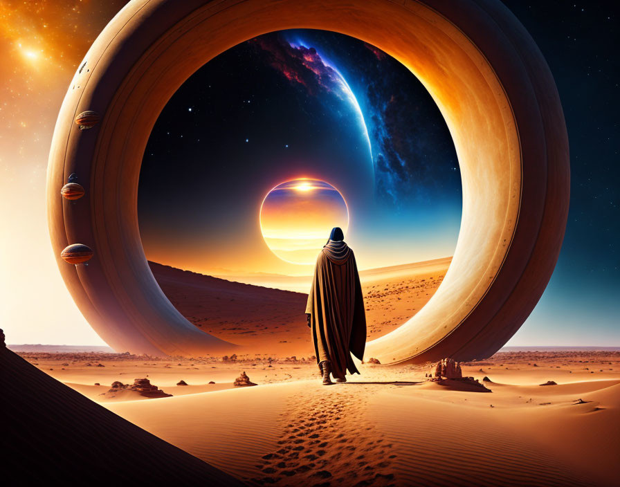 Mysterious figure on desert dune under surreal ringed planet