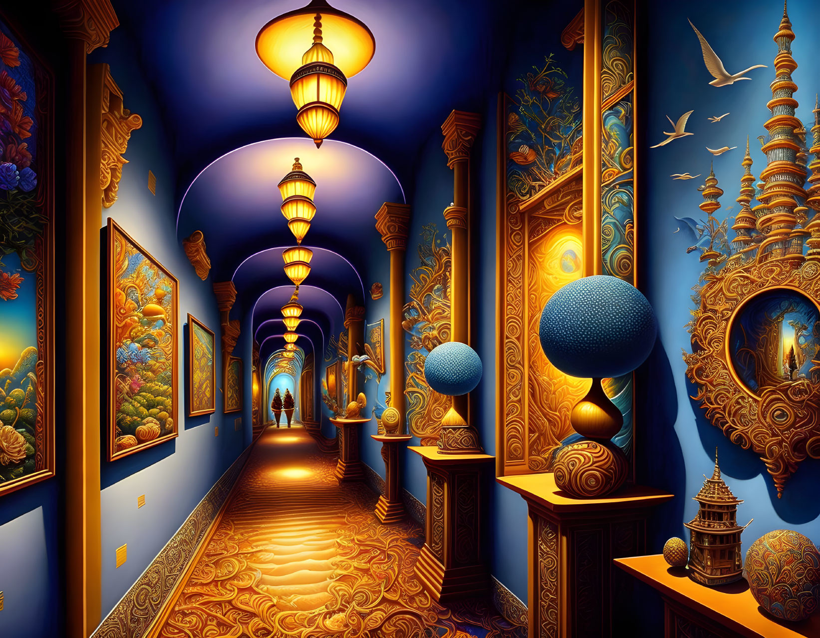 Ornate hallway with arched ceilings, lanterns, artwork, globes, and intricate patterns