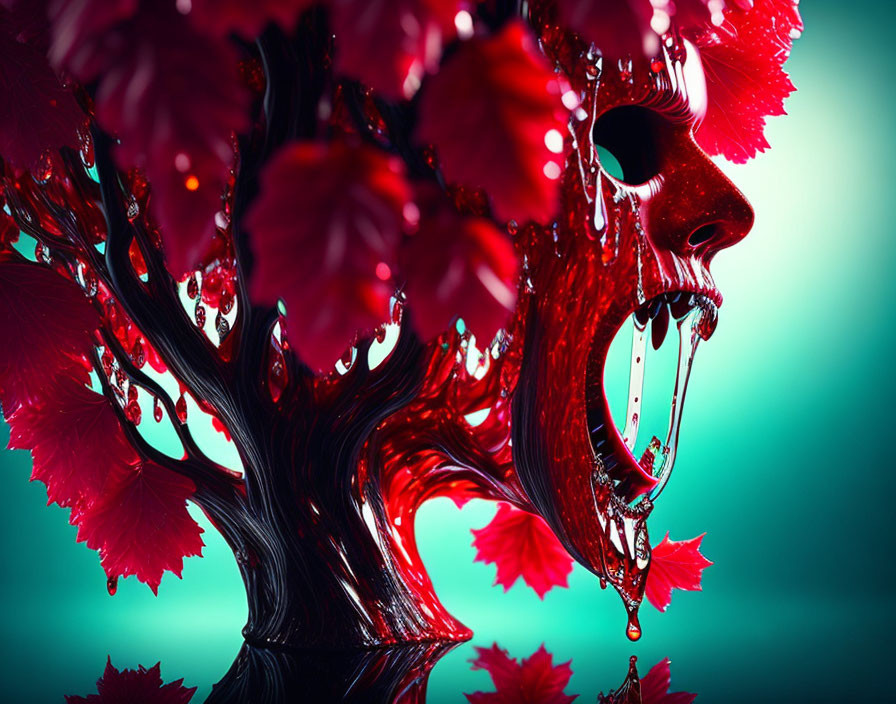 Surreal tree-like structure with crimson leaves and mask on teal backdrop